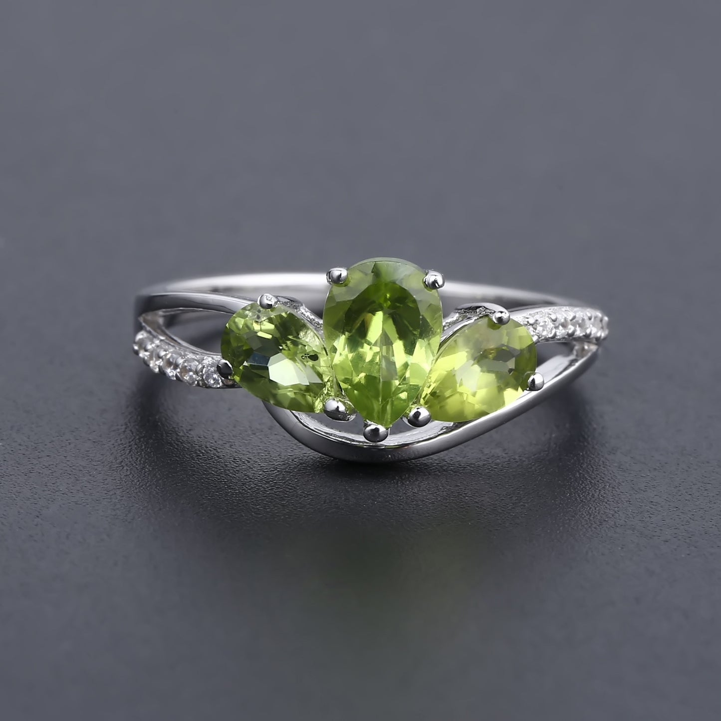 Pear Shape Natural Olivine Split Shank Silver Ring