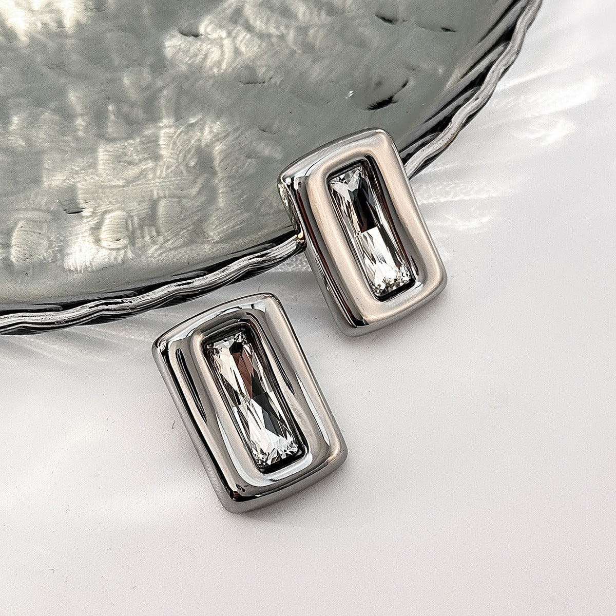 Stainless Steel Stud Earrings Retro Geometric Square Industrial Design Zircon Accent For Women By Planderful