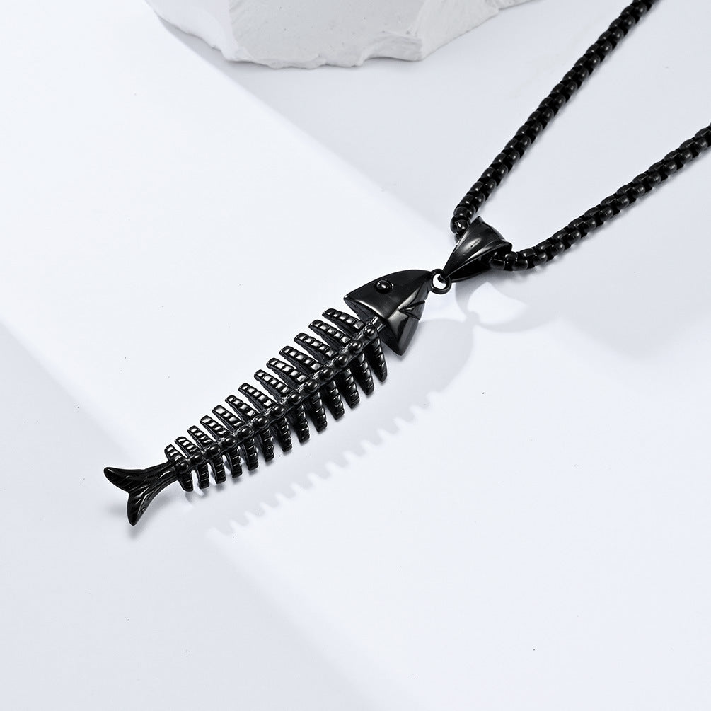 Planderful Fish Bone Necklace Unisex Titanium Steel Pendant Versatile Street Style Hipster Jewelry