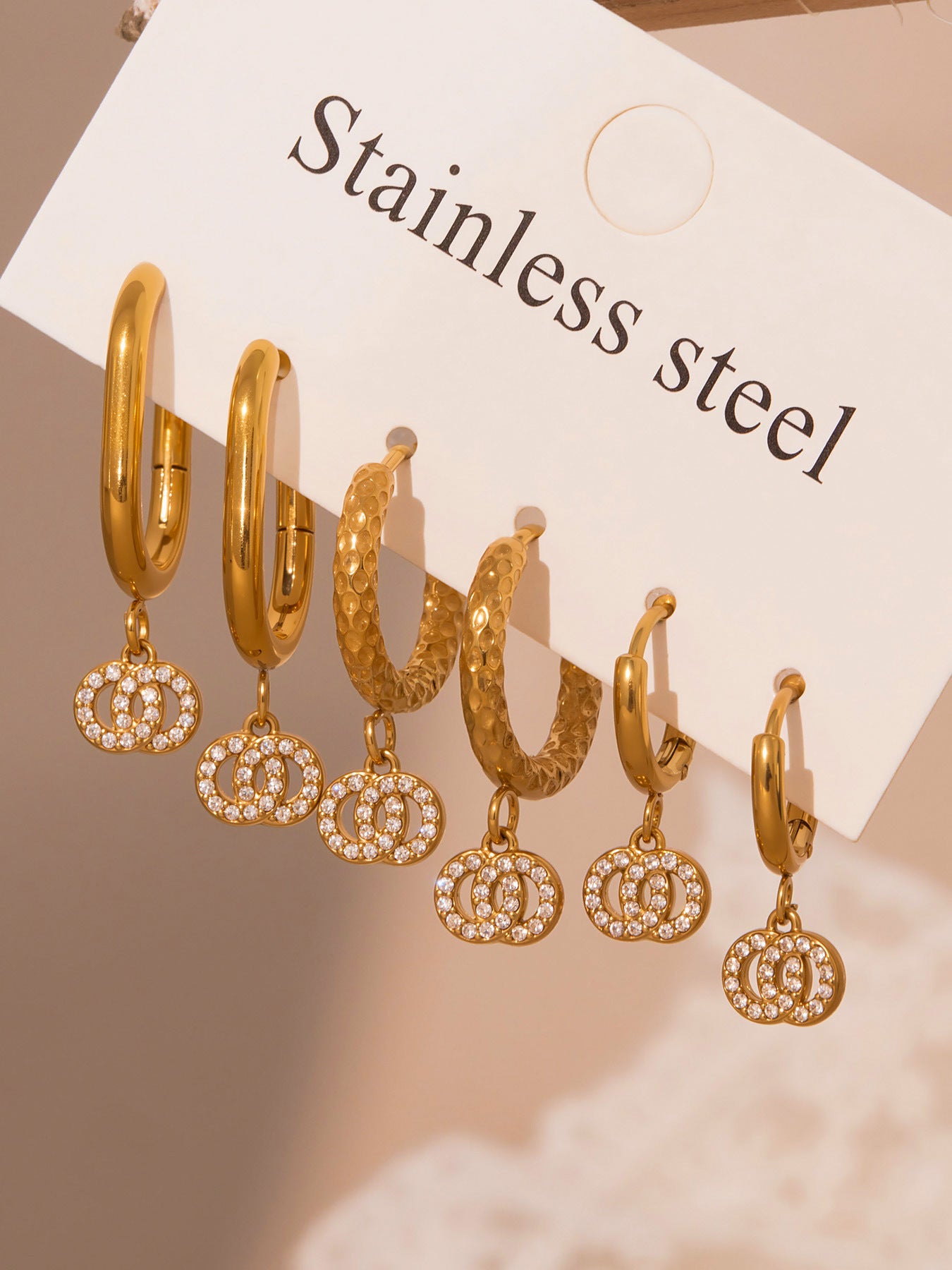 Planderful Zircon Earrings Titanium Steel Double Ring Women