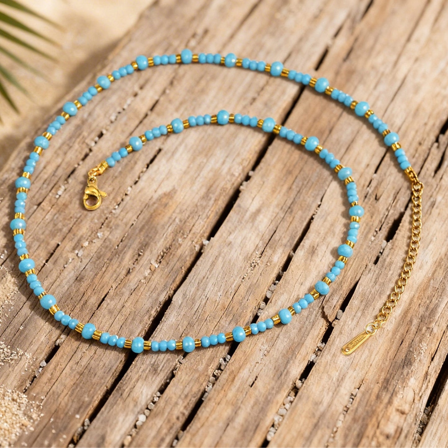 Stainless Steel Blue Rice Bead Gold Bead Necklace Neck Chain Beaded Summer Vacation