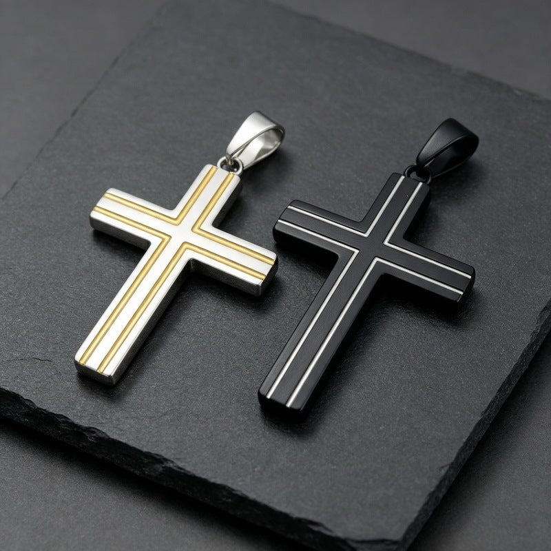Versatile Double-Line Groove Dripping Oil Contrasting Cross Pendant, Stainless Steel Men's Pendant On Necklace