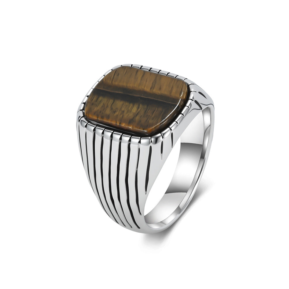 Tiger's Eye Stone – Turquoise Stainless Steel Ring – Men's Stainless Steel