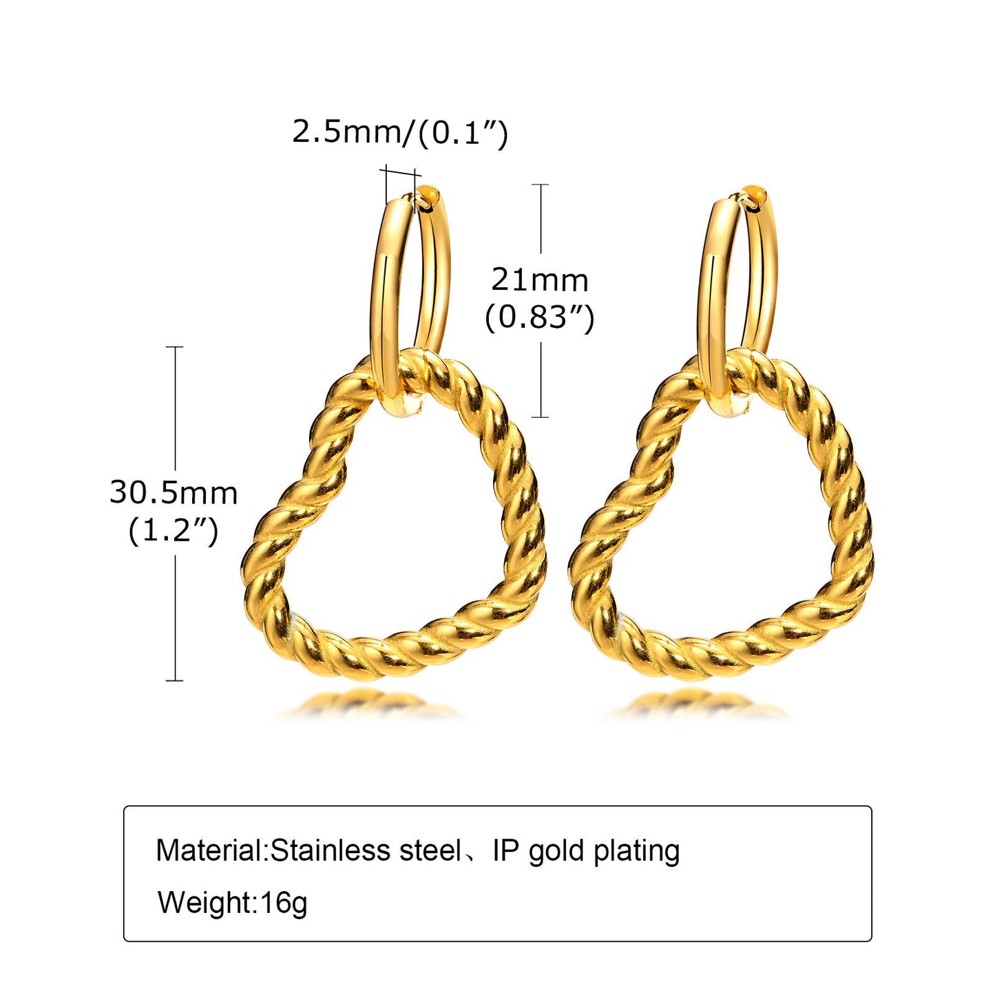 Earrings Ladies Stainless Steel Full Light Twist Heart Gold