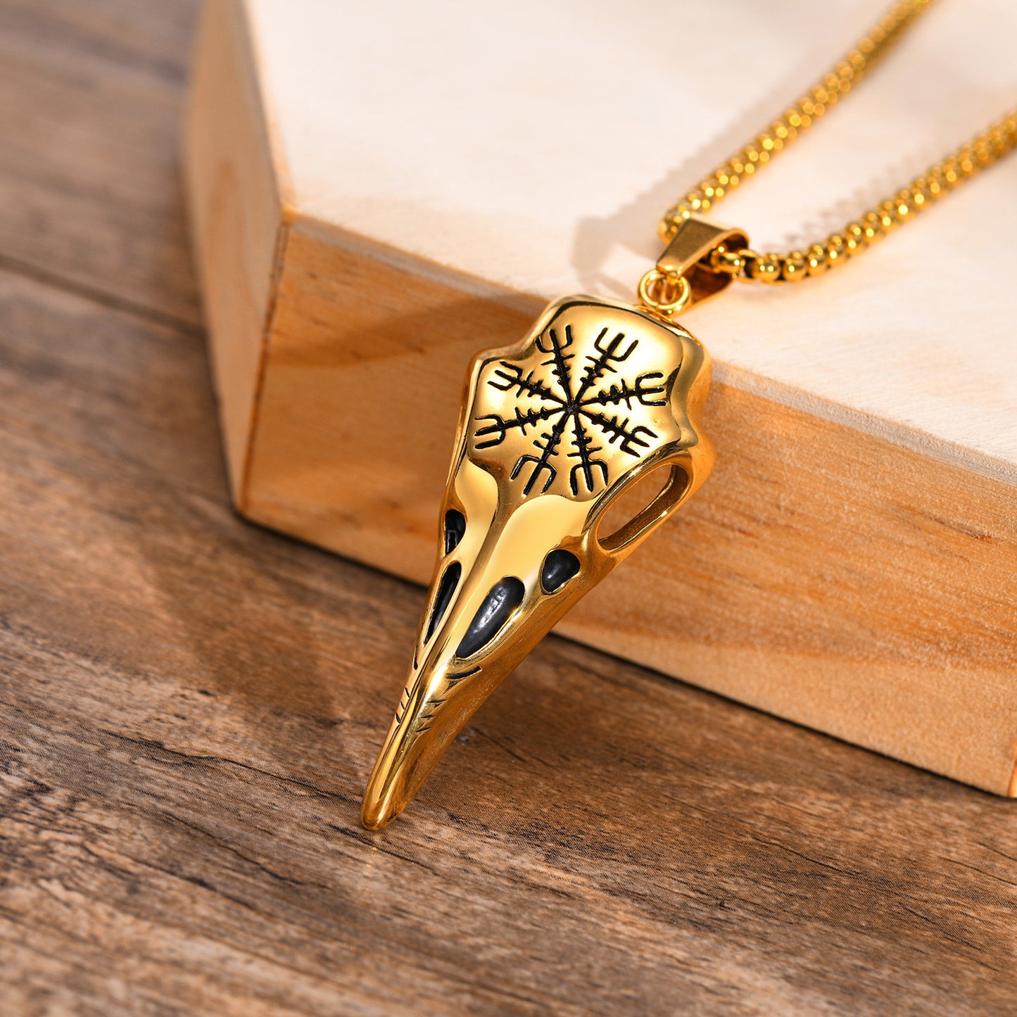 Stainless Steel Viking Crow Skull Pendant Gold Men's Necklace