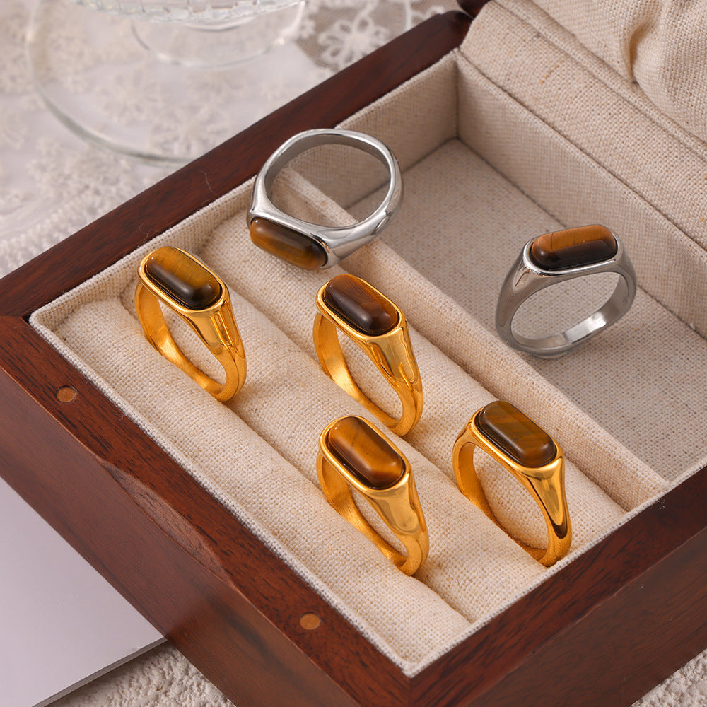 Tiger's Eye Geometric Titanium Steel Ring with Gold Plating