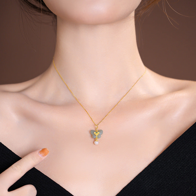 Fortune's Favor: Sterling Silver Necklace with Jade and Pearl Pendant