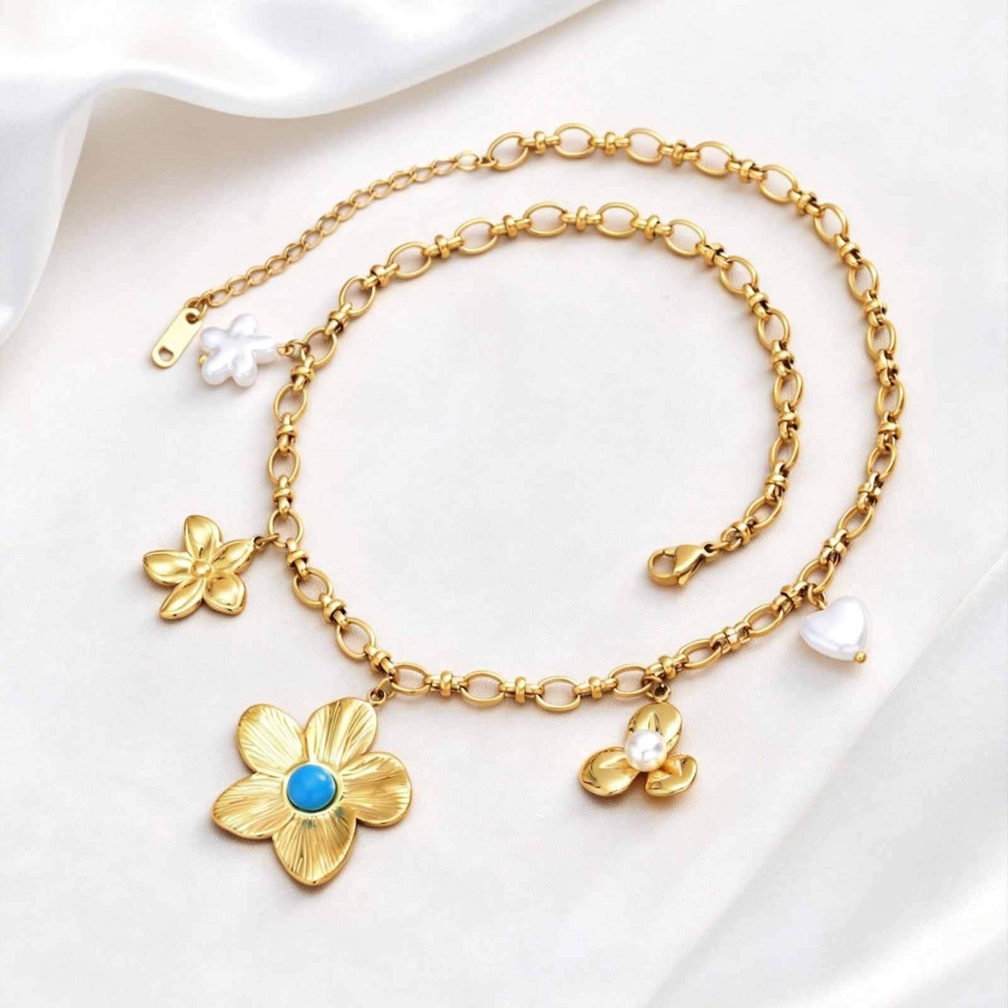 Stainless Steel Necklace Diy Ocean Wind Flower Imitation Pearl Necklace Gold