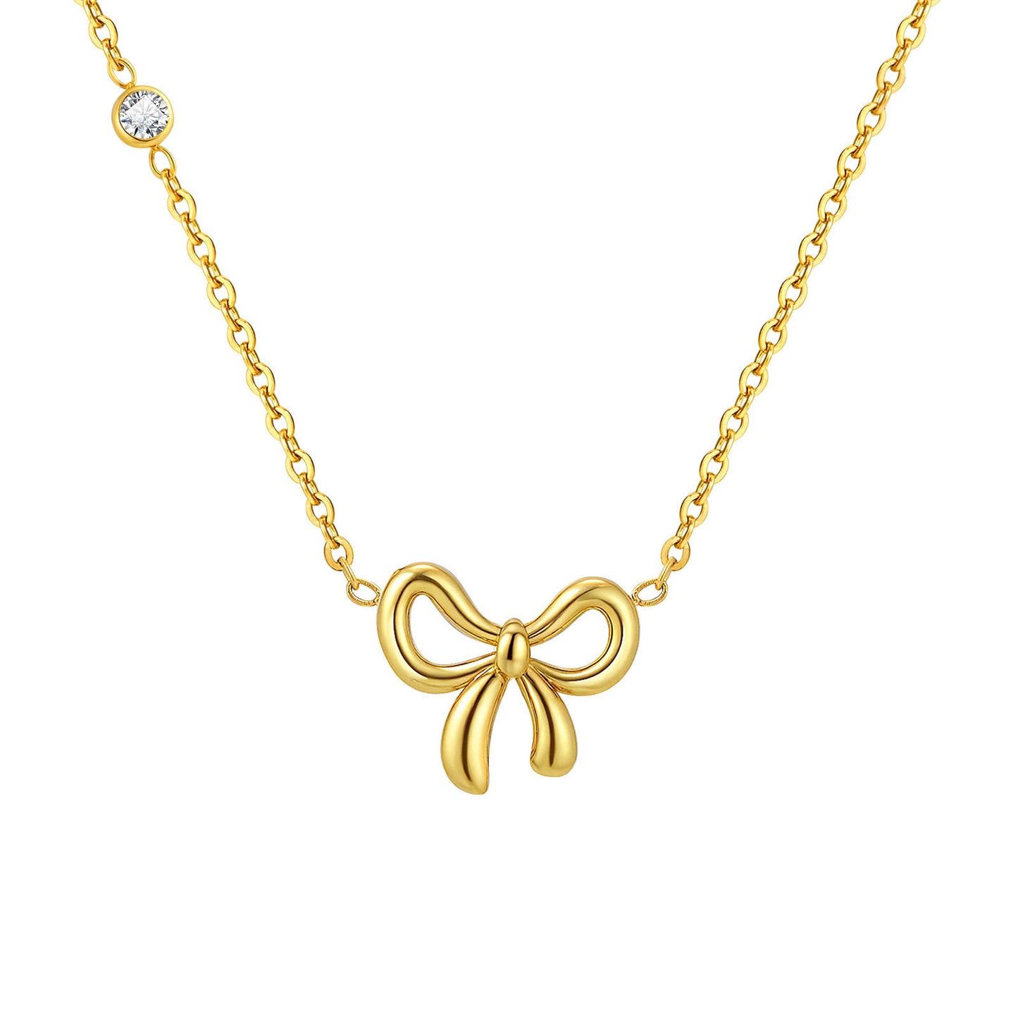 Stainless Steel Flat Cross Chain Zircon Bow Necklace Gold
