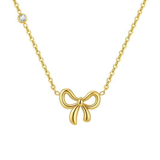 Stainless Steel Flat Cross Chain Zircon Bow Necklace Gold
