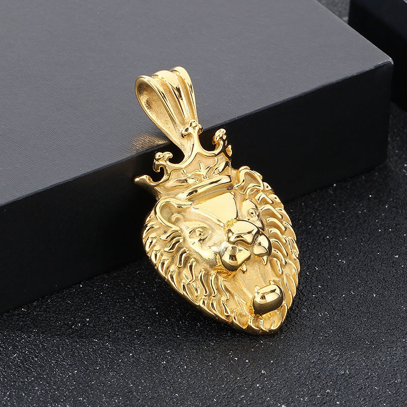 Planderful Lion Head Zircon Pendant Steel Mens Necklace