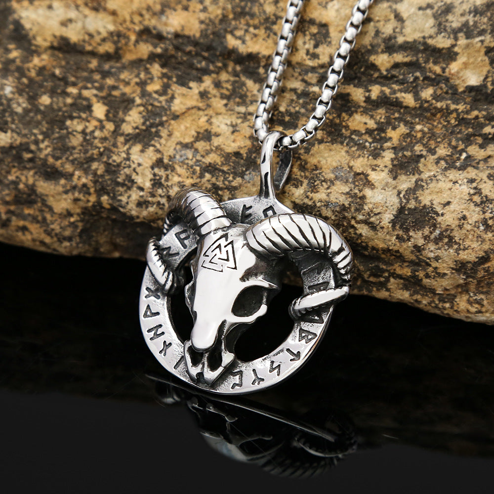 European And American Stars Retro Titanium Steel Necklace Male Viking Sheep Head Rune Triangle Logo Pendant Wholesale
