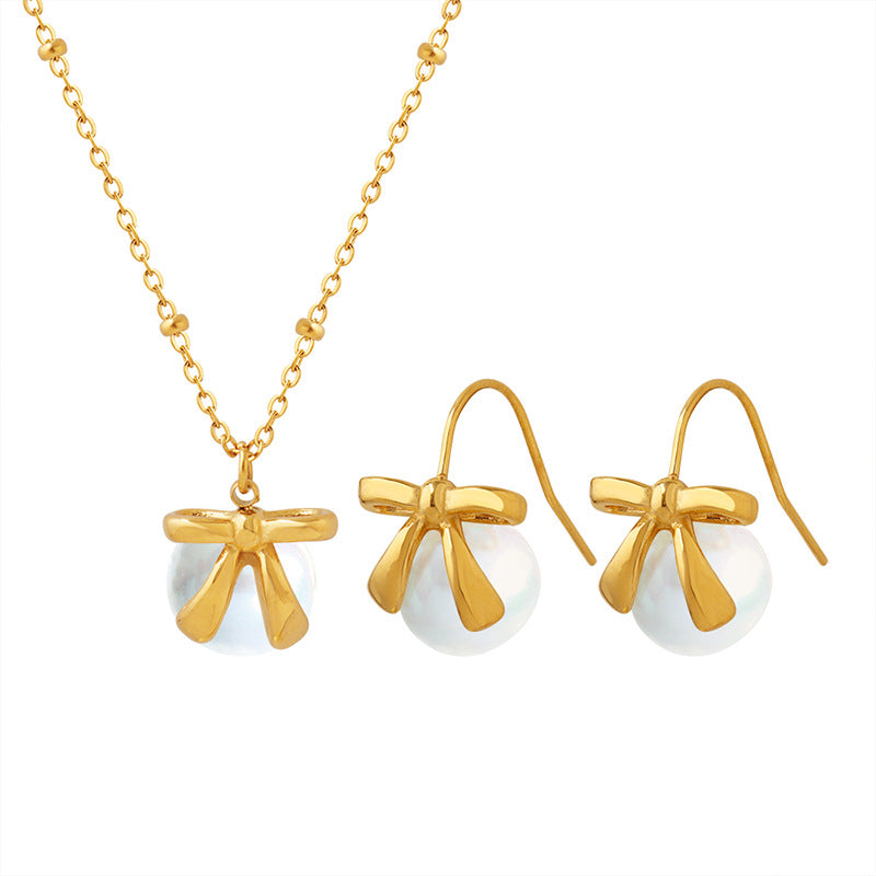 Luxurious French Bow Jewelry Set with Faux Pearls and Titanium Steel Gold Accents