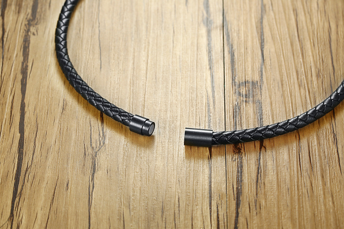 Jewelry Stainless Steel Magnet Buckle Volcanic Stone Leather Collar Black Necklace Wholesale for Men