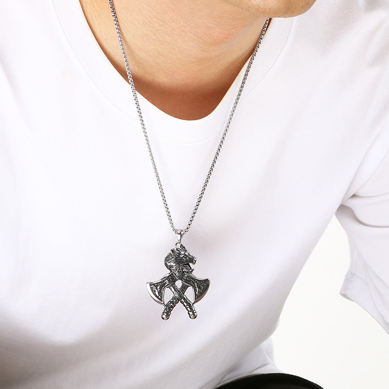 Nordic Viking Wolf Head Tomahawk Pendant, Retro Celtic Knot Warhammer Titanium Steel Necklace