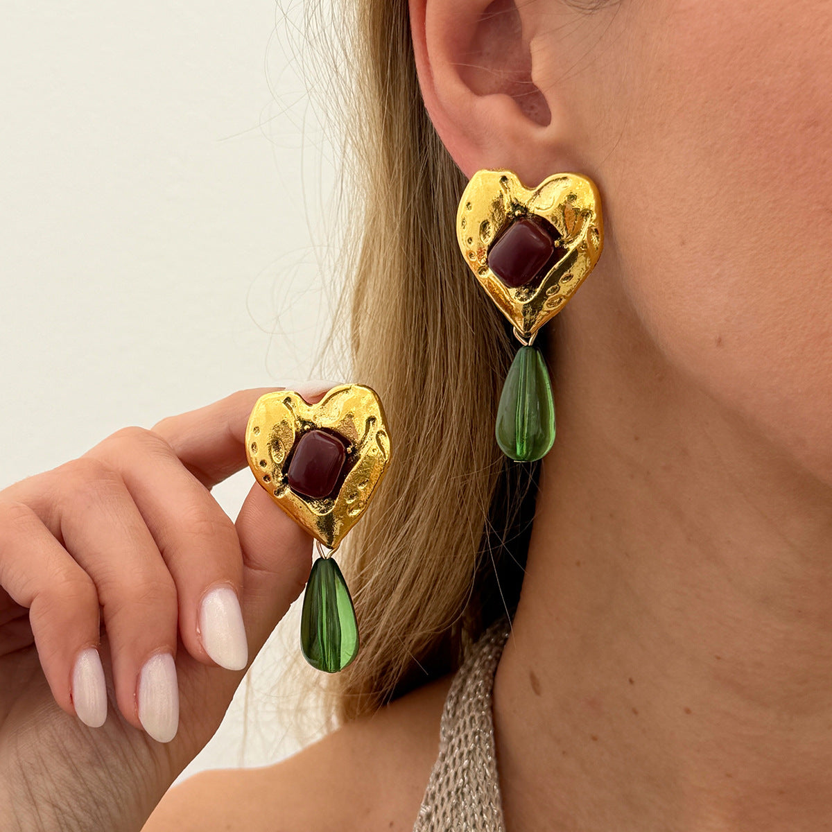 Planderful Medieval Green Water Drop Pendant Earrings Inlaid Peach Heart Gem Vienna Verve For Vintage Jewelry Lovers