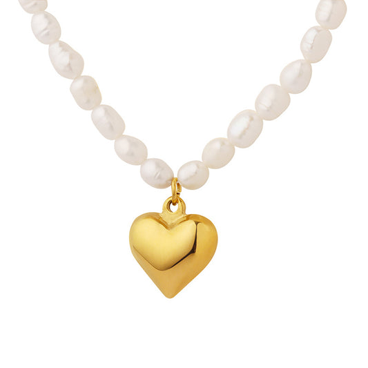 Oval Freshwater Pearl Necklace with Gold Heart Pendant - Elegant Titanium Plated Jewelry