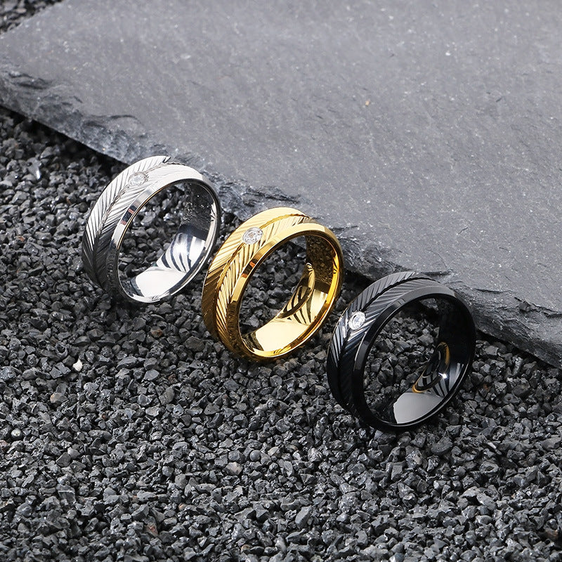 Ring Vacuum Plated Zircon Feather Round Stainless Steel Men's Ring