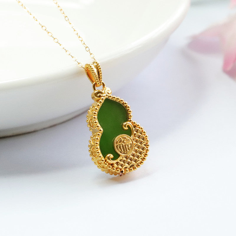 Jewelry Necklace with Hetian Jade Gourd Pendant and Jasper Blessing