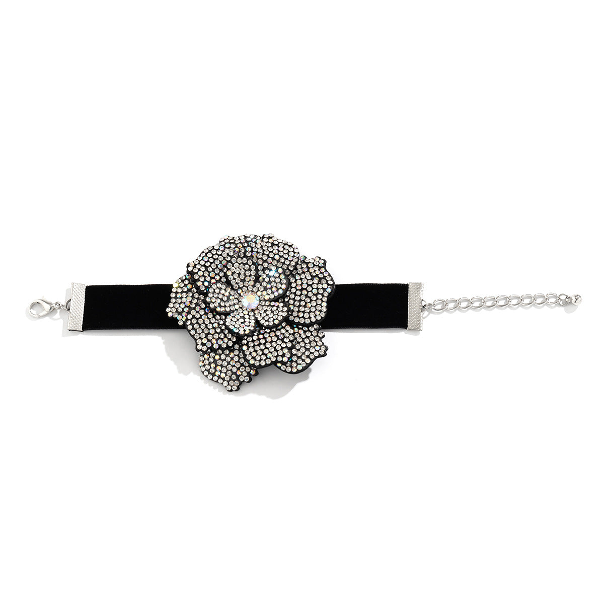Innovative Rhinestone Choker Necklace with Pearl Denim Flower Detail