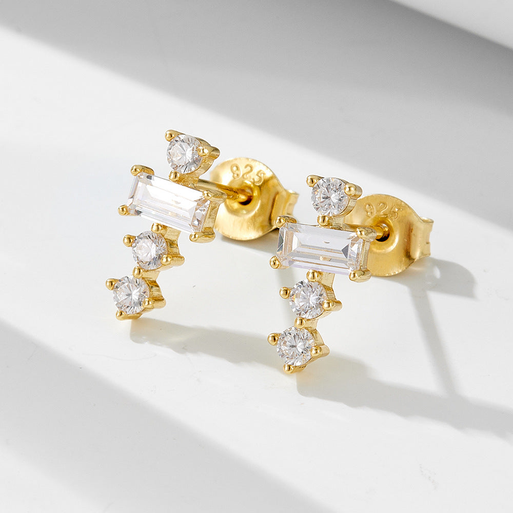 925 Sterling Silver Geometric Square Zircon Stud Earrings Inlaid Zircon