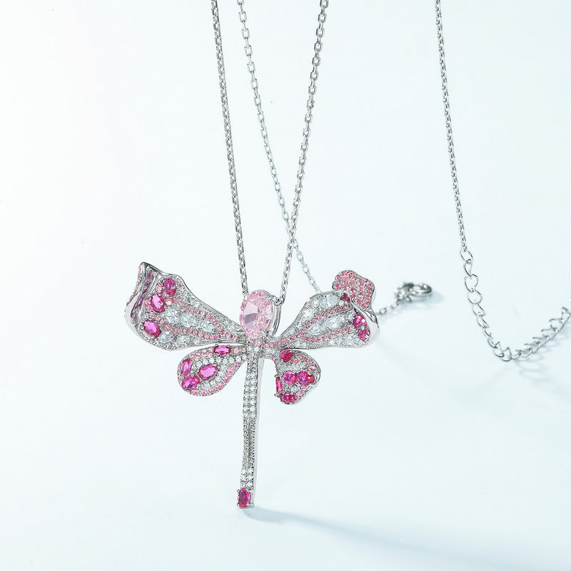 S925 Sterling Silver High-Carbon Stone Dragonfly Pendant Necklace
