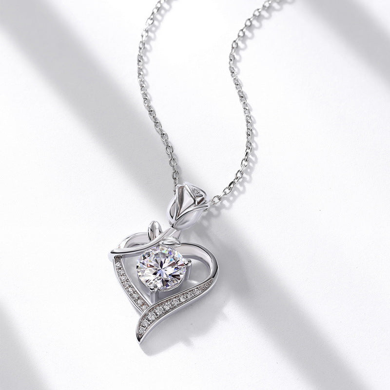 S925 Sterling Silver Moissanite Rose Pendant Necklace