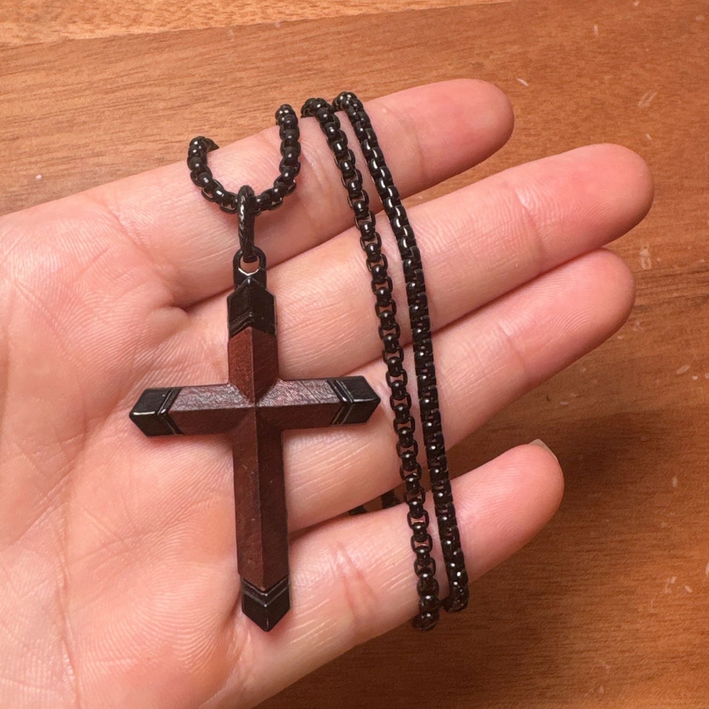 1. Planderful Cross Necklace For Men In Stainless Steel With Solid Wood Inlay And Safflower Detail