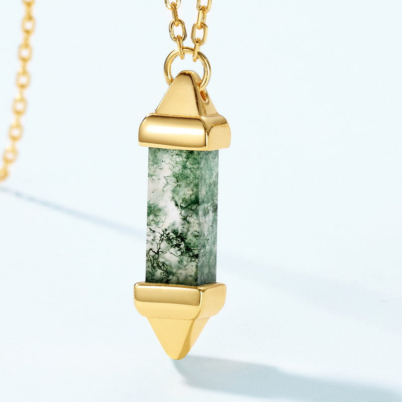 S925 Sterling Silver Moss Agate Geometric Pendant Necklace