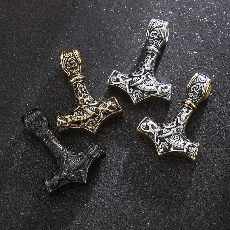 Men's Vintage Thor's Hammer Skull Necklace, Customizable Titanium Steel Pendant, Various Designs Available for Men