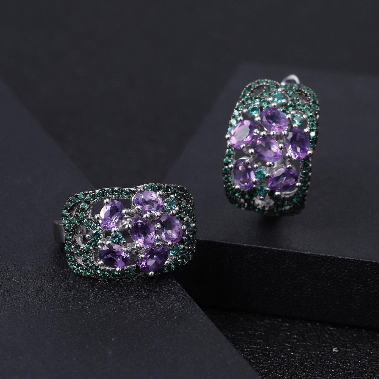 Luxury Hollow Wide Surface Design Natural Gemstone Silver Stud Earrings
