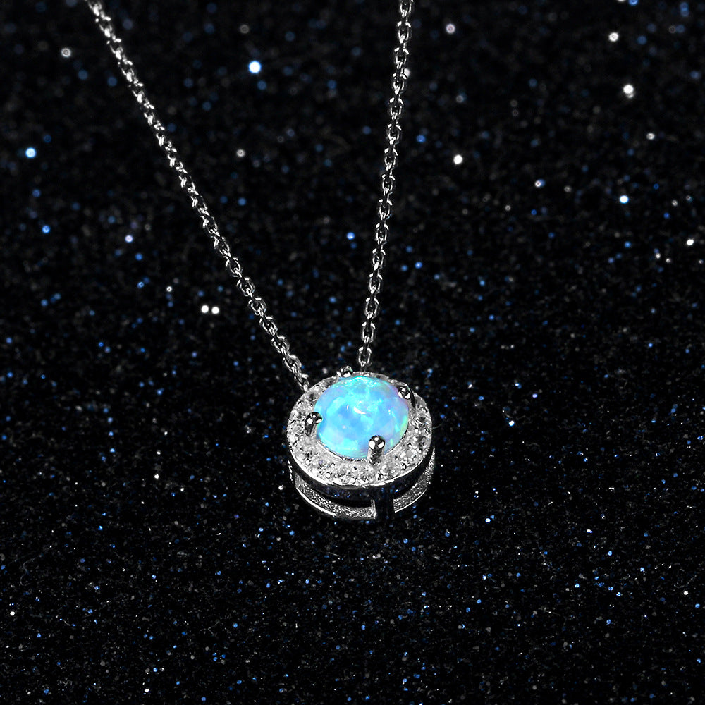 Planderful Jewelry Opal Necklace In Sterling Silver With European And American Style Zircon Halo Pendant