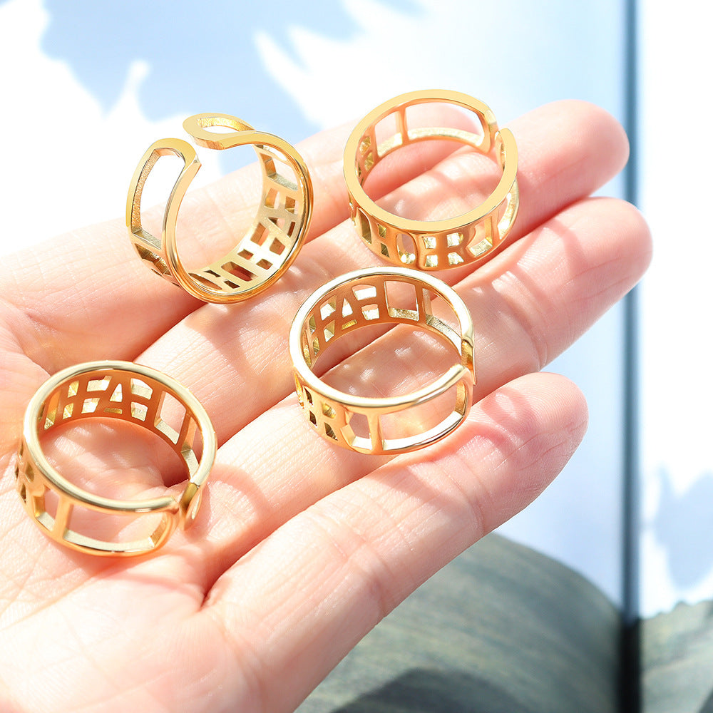 Letter Hollow Titanium Steel Gold Plated Ring - Unisex Tail Ring Hand Jewelry