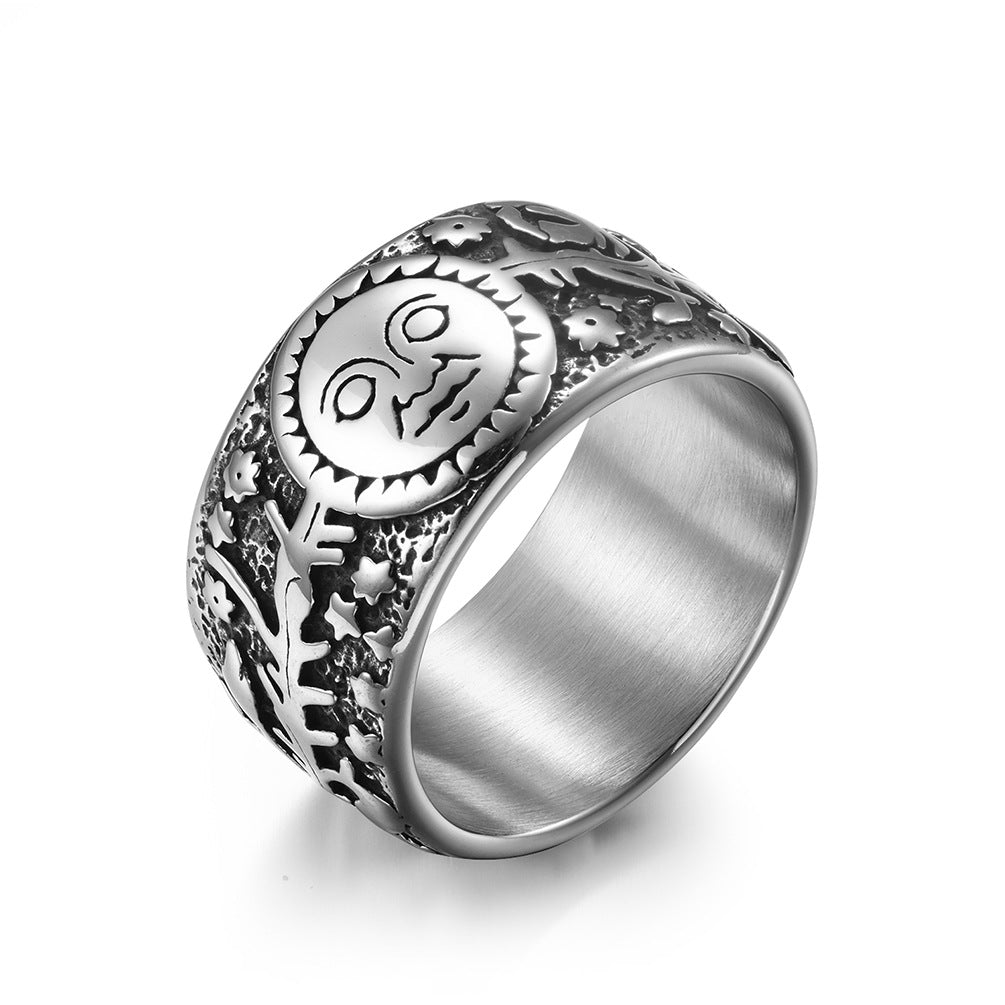 Planderful Titanium Steel Ring Retro Punk Sun Moon Design Mens Fashion Jewelry Bold Statement