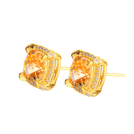 Soleste Halo Square Natural Yellow Crystal Silver Stud Earrings