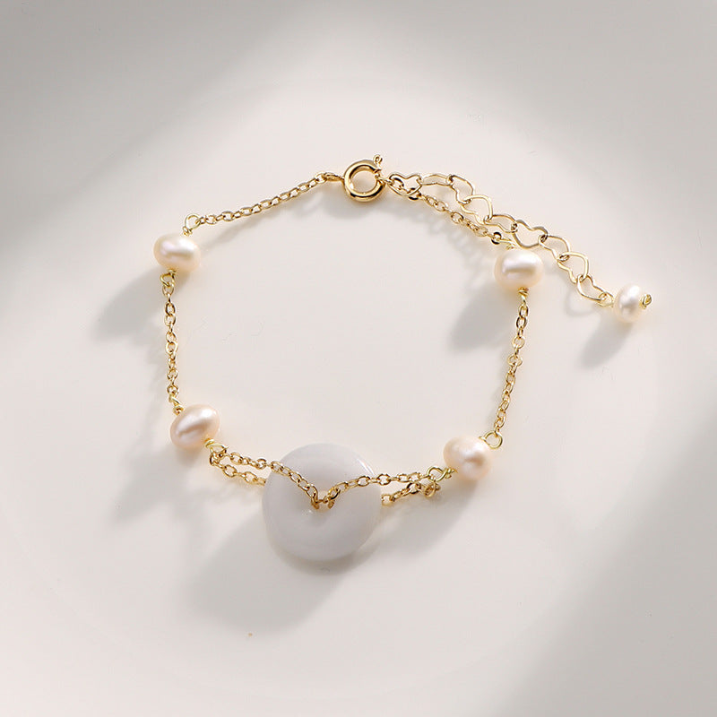 Jade and Pearl Sterling Silver Bracelet with Safety Buckle
