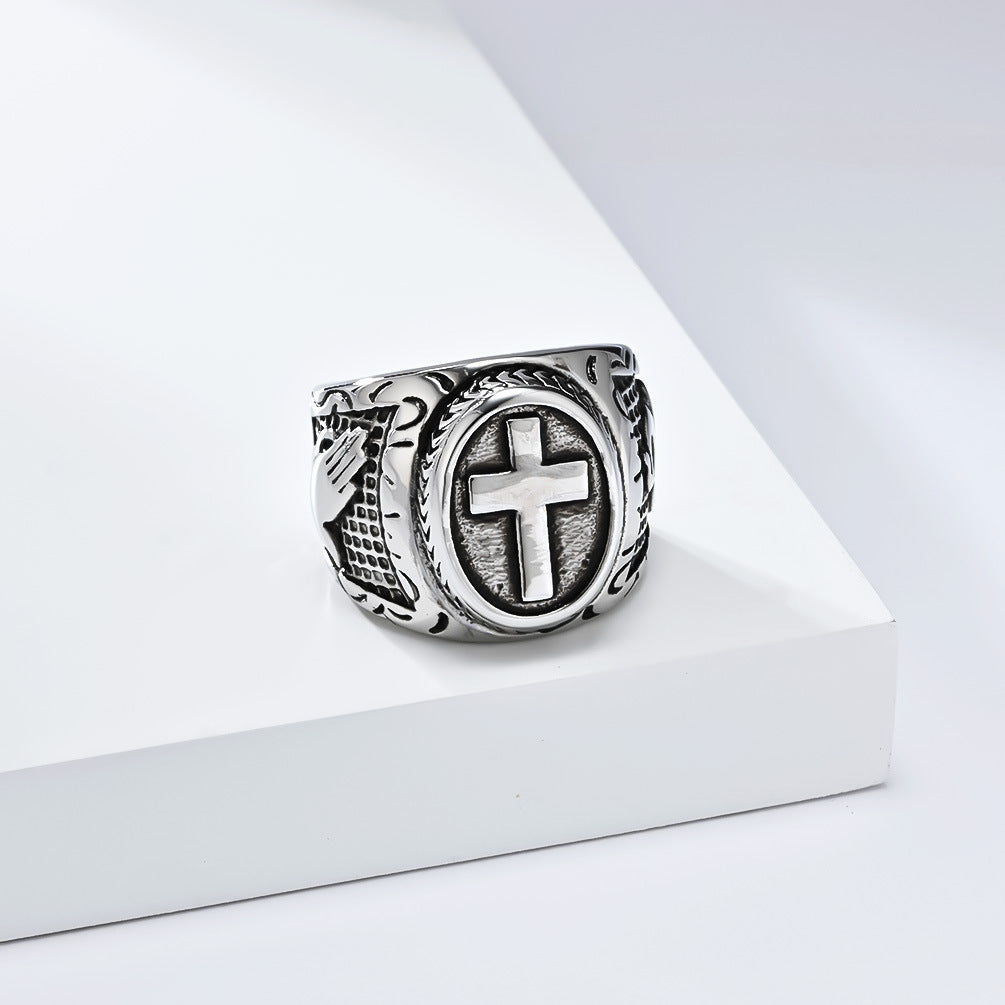 European And American Literary Retro Prayer Hand Cross Titanium Steel Ring Men's Hip-Hop Jewelry