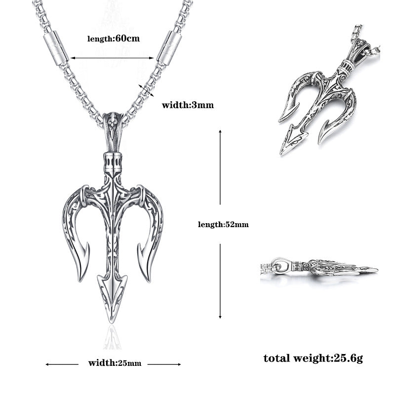 Steel Necklace - Vintage Statement Trident Pendant For Men Everyday Wear Hip Hop Style Planderful