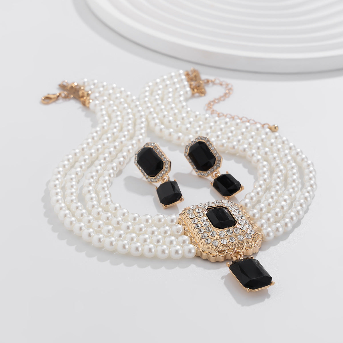 Square Crystal & Pearl-Style Layered Choker