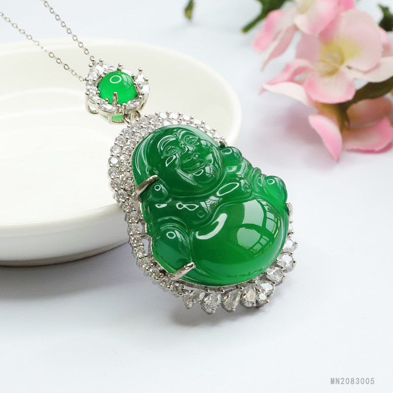 Green Chalcedony Buddha Zircon Halo Pendant — No Chain