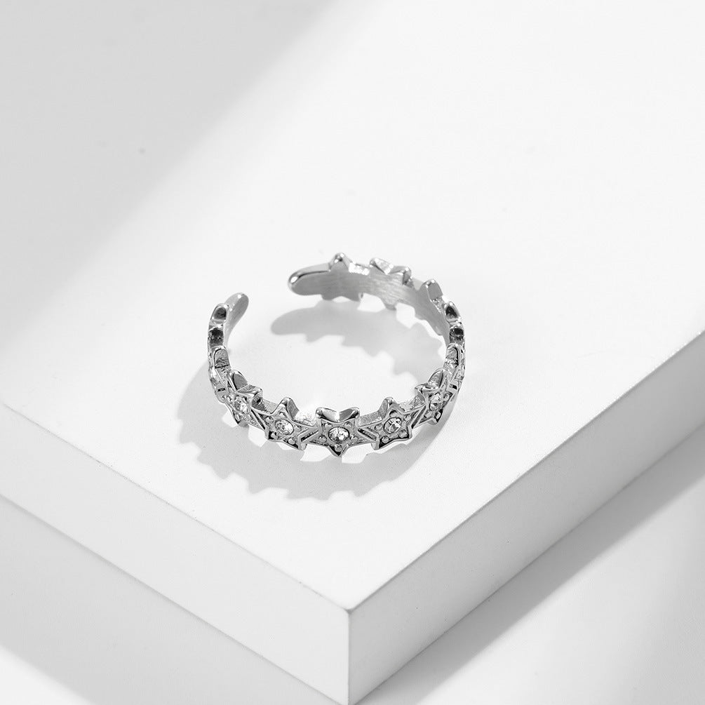 Star Zircon Stainless Steel Open Ring – Circumferential Pentagram