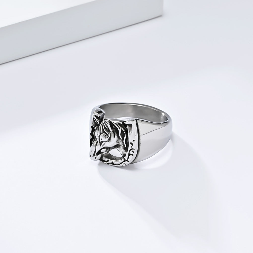 Planderful Personalized Retro Horse Head Titanium Steel Ring For Hip Hop And Hipster Style