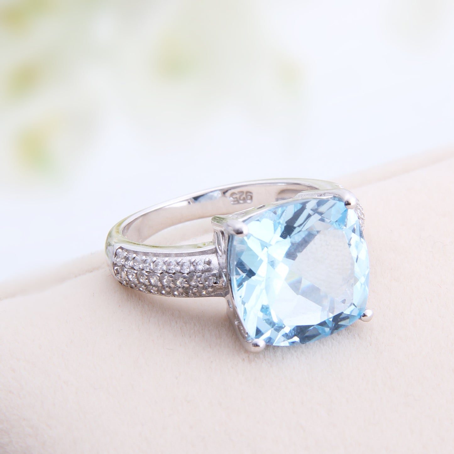 Cathedral Cushion Cut Natural Blue Topaz Silver Ring