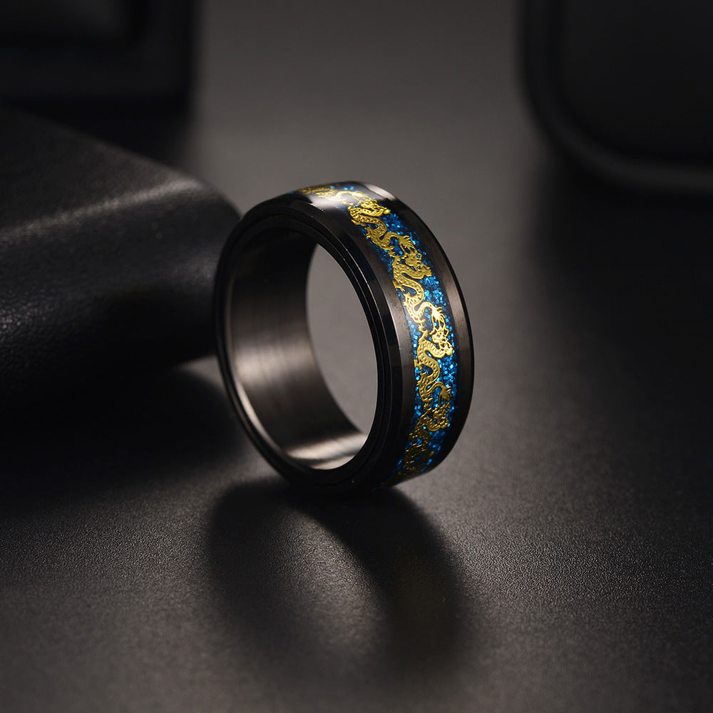 Rotating Chinese Dragon Decompression Ring - Black Plated Titanium Steel Jewelry 8mm Wide - Men's Fashion Piece