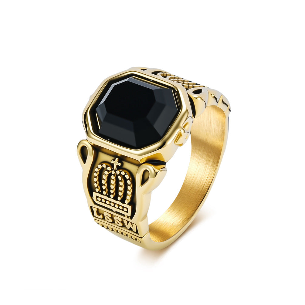 Stainless Steel Black Gemstone Crown Men's Ring