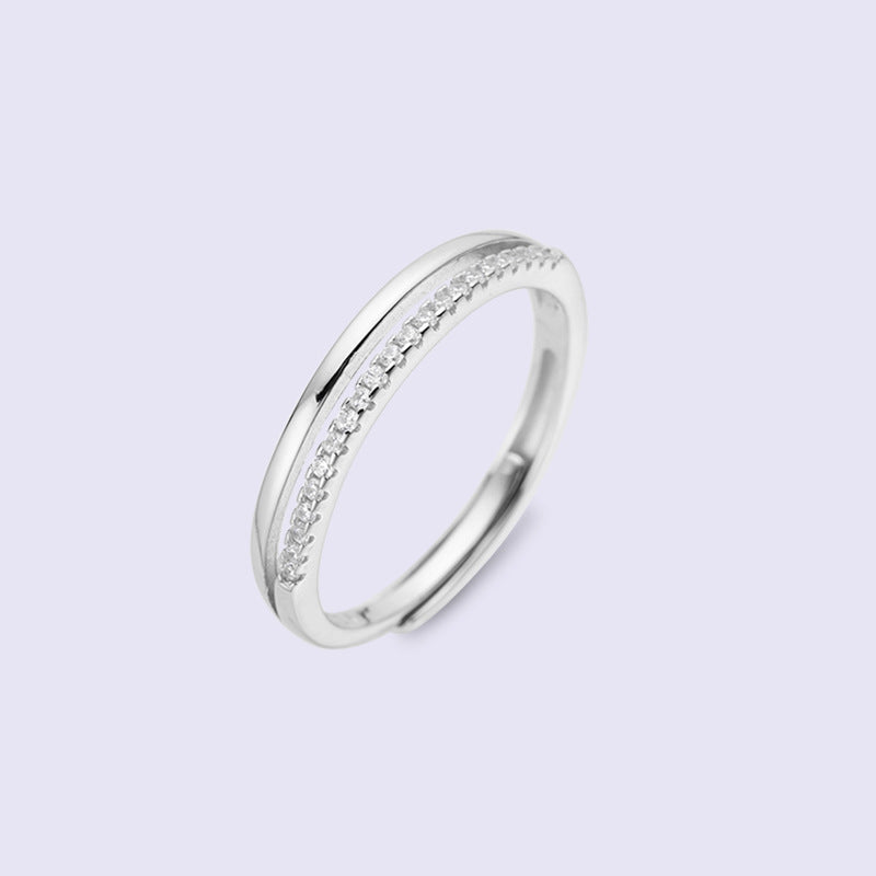 Korean Version S925 Silver Ring Double Layer Zircon Adjustable Ring