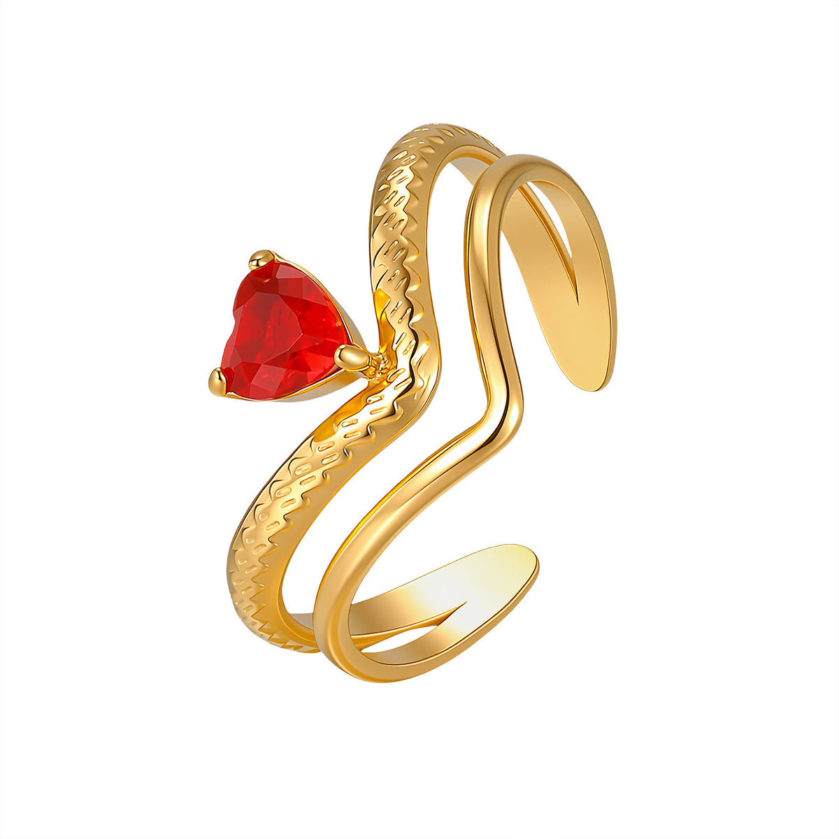 Stainless Steel V-Shaped Heart-Shaped Red Zirconium Open Ring