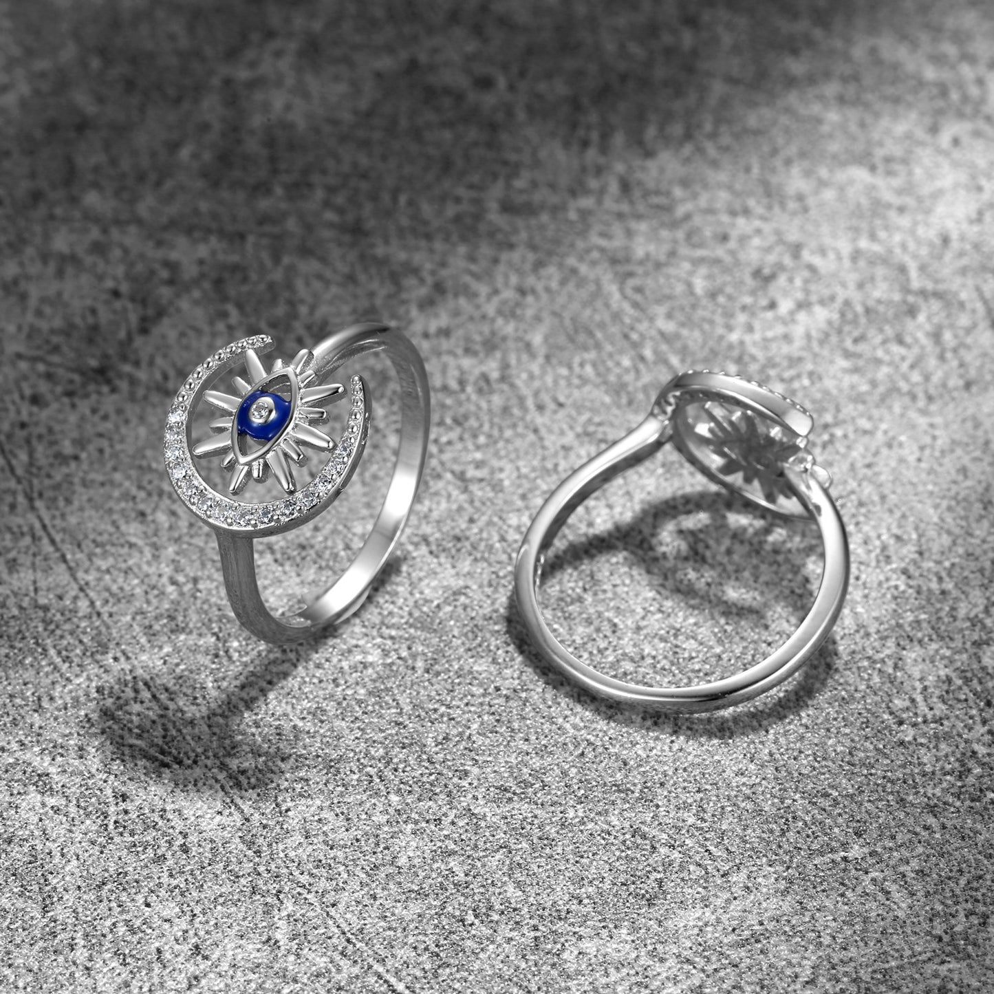 Blue Devil's Eye Star Moon Zircon Opening Sterling Silver Ring