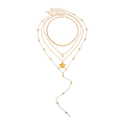 Spice Girls Style Long Y-Shaped Starfish Pearl Necklace Holiday Beaded Thin Chain