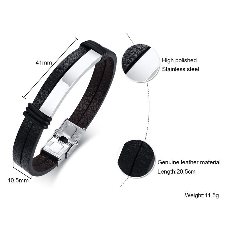 AliExpress Amazon Hot-Selling Black Stainless Steel Men's Bracelet Double Leather Bracelet Spot for Men